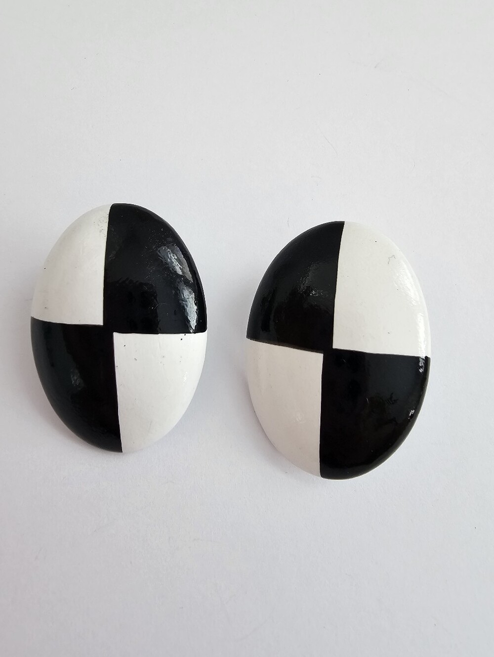 Vintage 80s Black and White Checkerboard Oval Statement Stud Earrings Mod